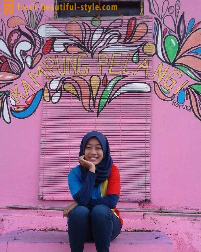 Huizen in het Indonesische dorp geschilderd in alle kleuren van de regenboog
